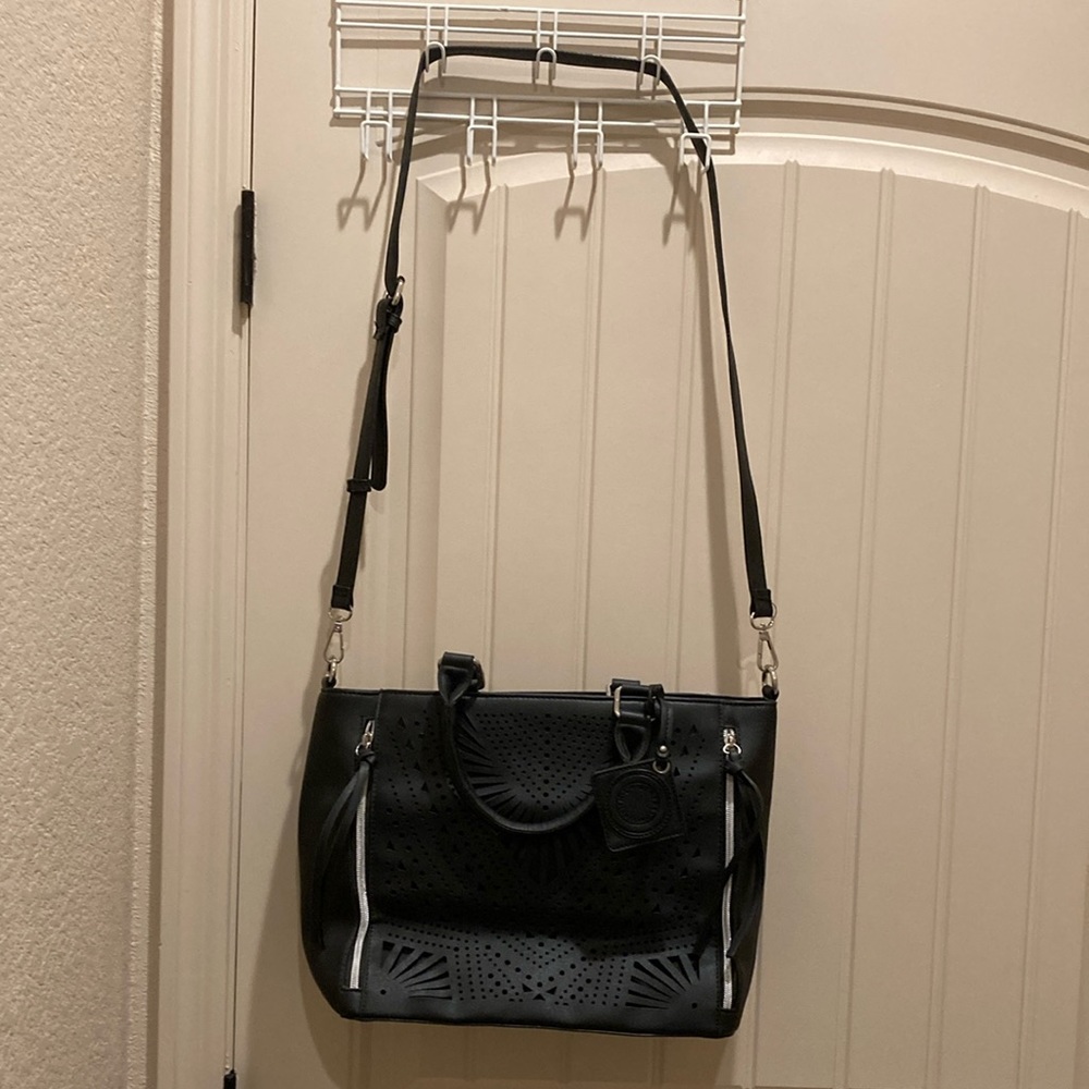 Catherine Malandrino Tote Crossbody Handbag Purse Black Laser Cut Detail Tassels